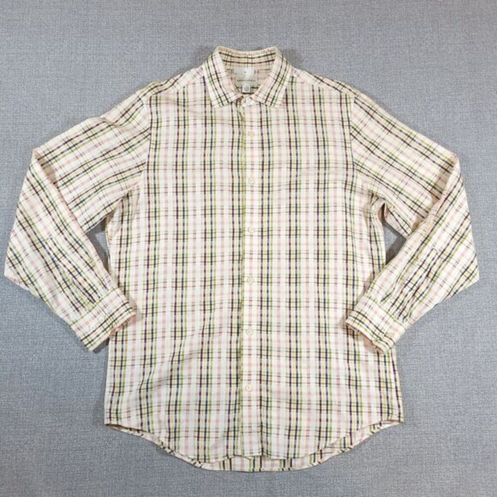 Banana Republic Shirt Mens 15-15.5 Medium‎ Long Sleeve Plaid White Green Blue